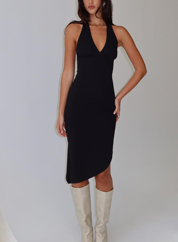 Whimsy Asymmetrical Midi Dress Black