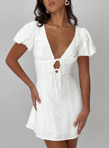 Beloved Puff Sleeve Linen Blend Mini Dress White