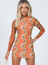 Orion Long Sleeve Mini Dress Orange Multi