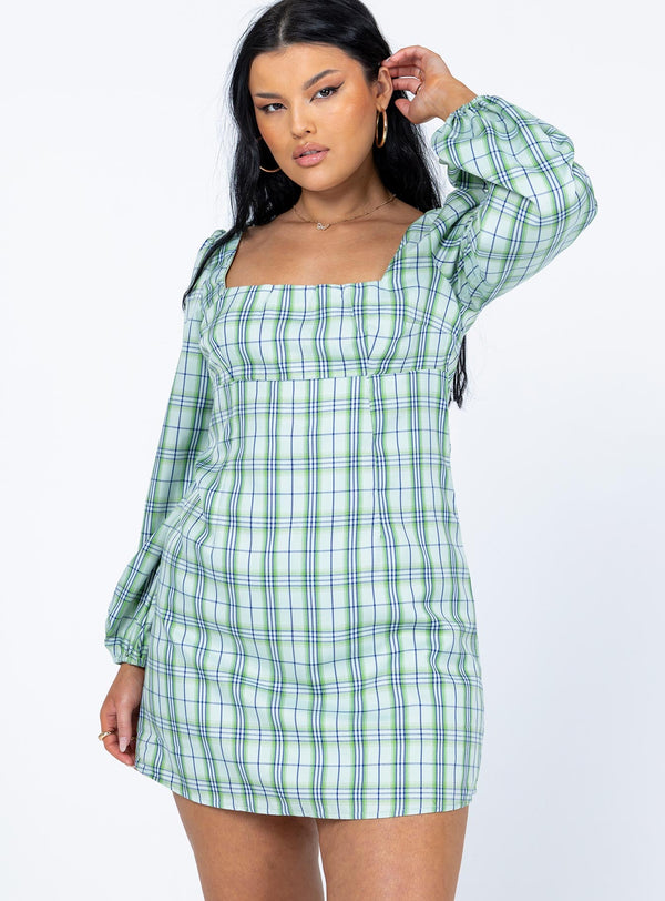 Hastings Long Sleeve Mini Dress Green Check