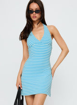 Sooner Or Later Halter Mini Dress Blue Stripe