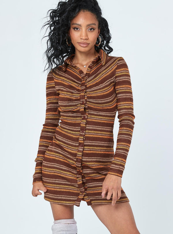 Dalton Long Sleeve Mini Dress Brown Multi