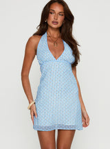 Bubblie Halter Mini Dress Blue Multi