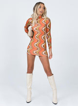 Orion Long Sleeve Mini Dress Orange Multi
