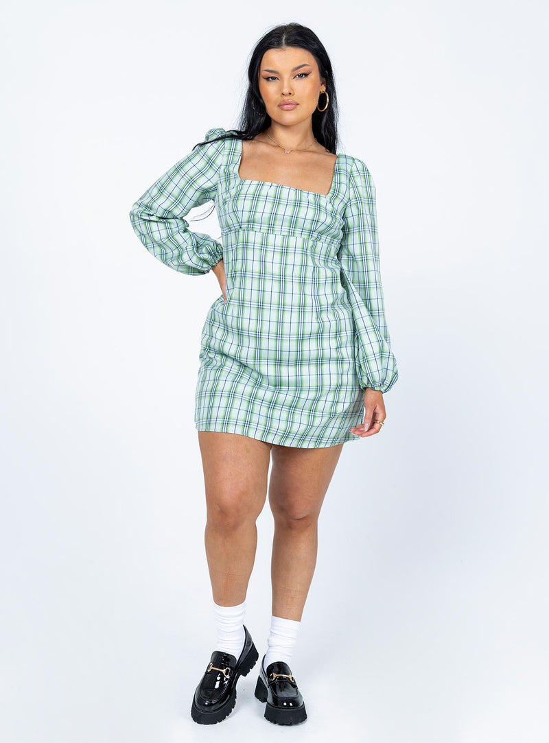 Hastings Long Sleeve Mini Dress Green Check