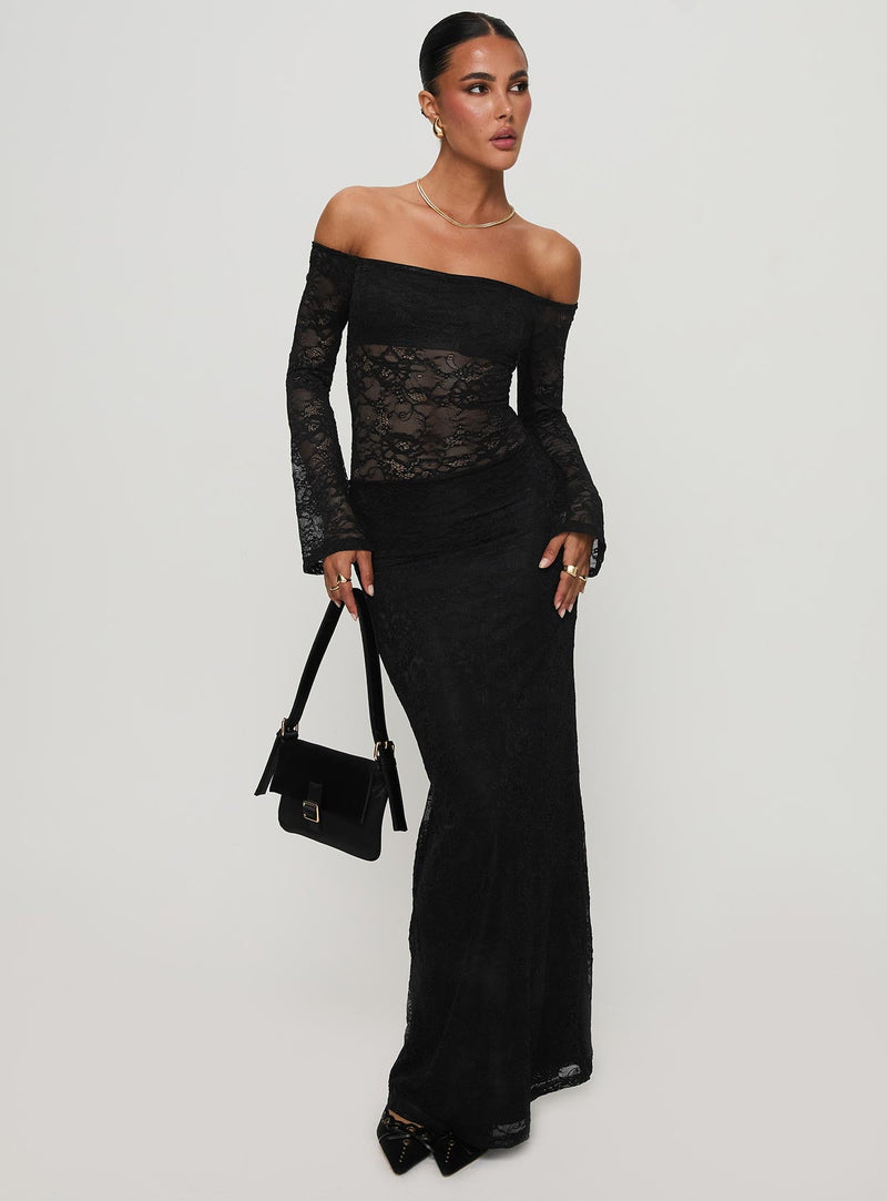 Pinot Grigio Long Sleeve Lace Maxi Dress Black