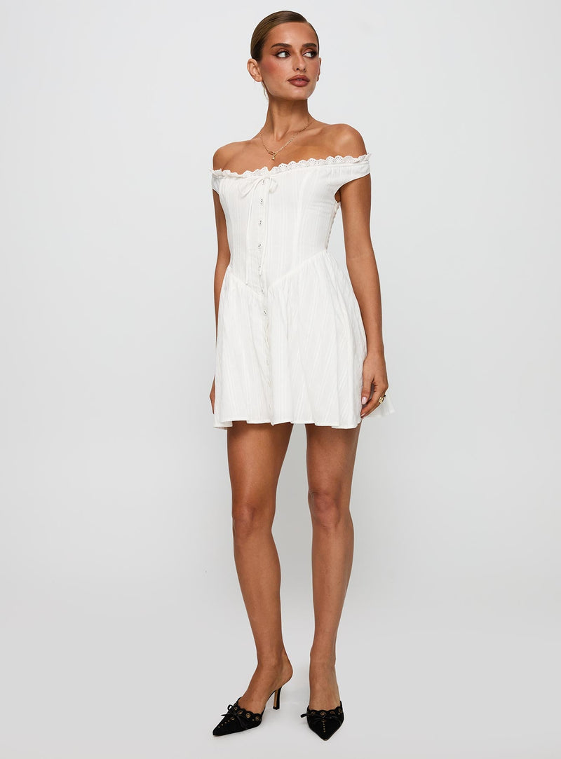 White Horse Off The Shoulder Mini Dress White