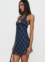 Laraline Halter Mini Dress Navy Check Petite