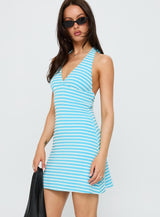 Sooner Or Later Halter Mini Dress Blue Stripe