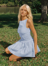 Yennifer Shirred Mini Dress Blue / White Petite