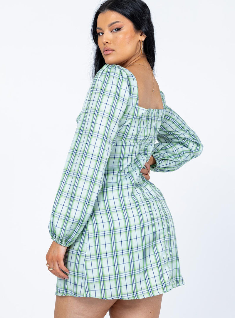 Hastings Long Sleeve Mini Dress Green Check