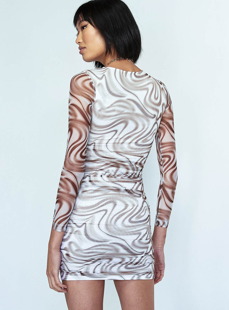 Hazel Long Sleeve Mini Dress White / Brown