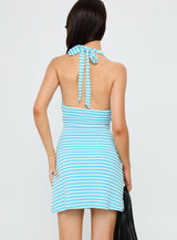 Sooner Or Later Halter Mini Dress Blue Stripe