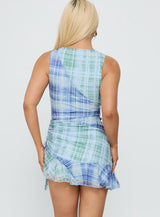 Timelapse Asymmetrical Splice Mini Dress Blue / Green Plaid