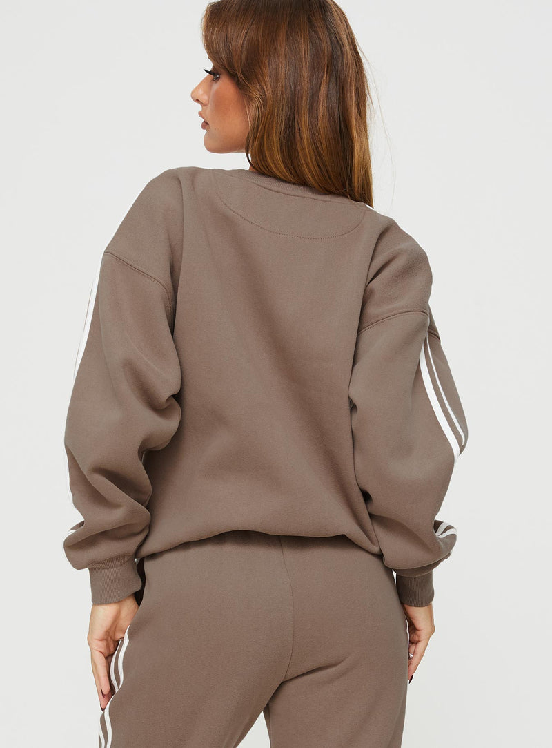 Princess Polly Crew Neck Sweatshirt Stripe Taupe / White