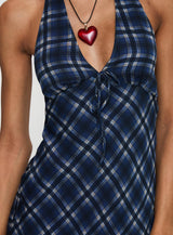 Laraline Halter Mini Dress Navy Check Petite