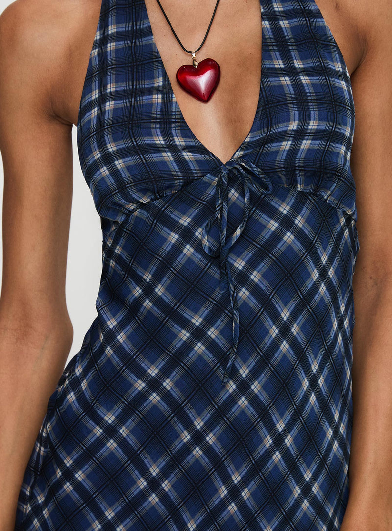 Laraline Halter Mini Dress Navy Check Petite