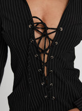 Feminique Tie Up Long Sleeve Top Black Stripe