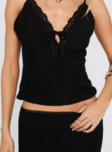 Reiko Lace Trim Tie Front Maxi Set Black
