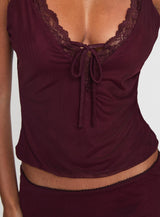 Reiko Lace Trim Tie Front Maxi Set Burgundy