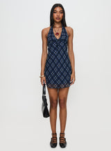 Laraline Halter Mini Dress Navy Check Petite