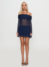 Virtues Long Sleeve Sheer Mini Dress Navy