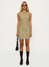 Buffie Shoulder Mini Dress Green Check