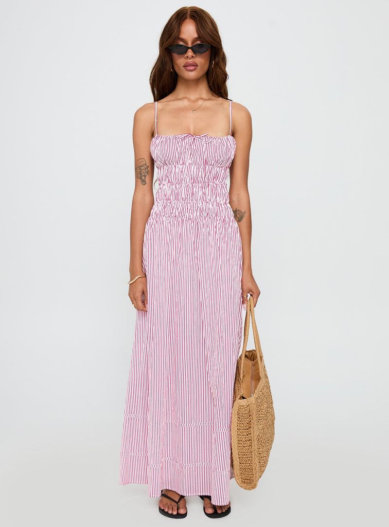 Loralei Shirred Maxi Dress Red Stripe