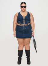 Popular Low Rise Mini Skirt Mid Blue Wash Curve