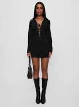 Feminique Tie Up Long Sleeve Top Black Stripe