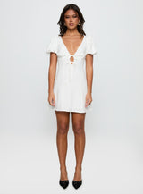 Beloved Puff Sleeve Linen Blend Mini Dress White
