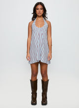 Daydreams Linen Blend Halter Mini Dress Blue / Maroon Stripe