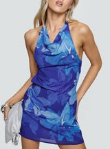 Bet A Dime Cowl Neck Halter Mini Dress Blue