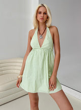 Estefani Halter Mini Dress Green Stripe