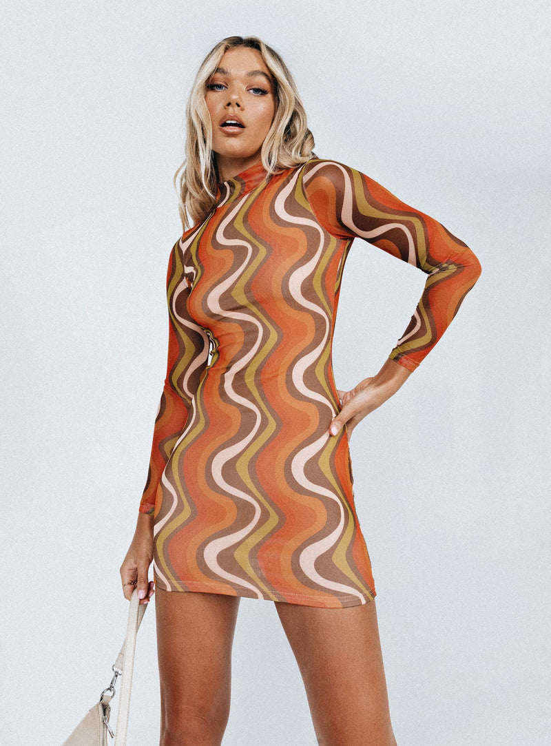 Orion Long Sleeve Mini Dress Orange Multi